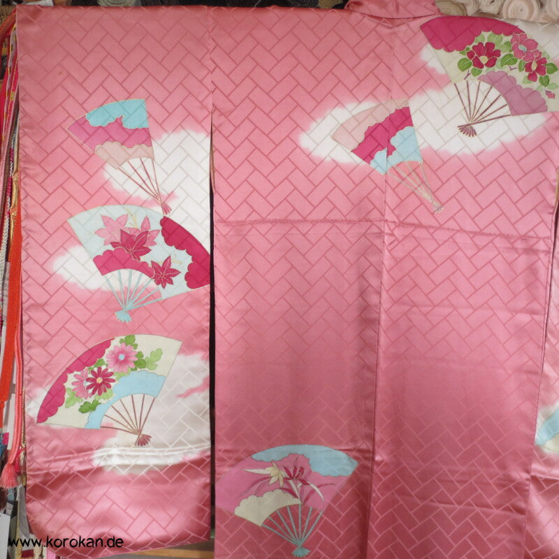 gemalte Fächer Higaki Seidendamast antiker Furisode, nur als Material