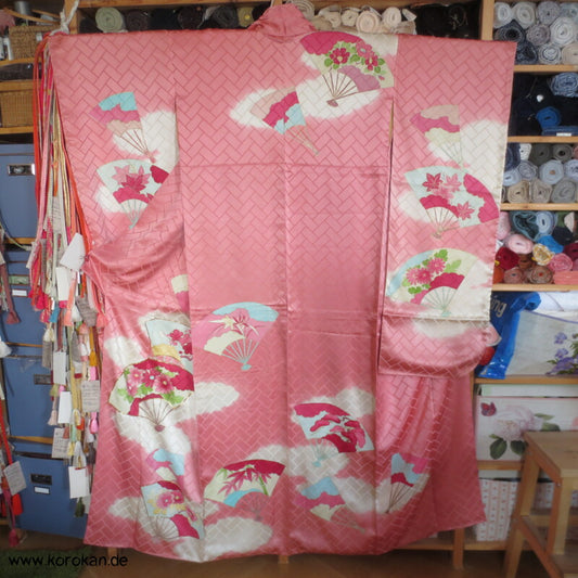 gemalte Fächer Higaki Seidendamast antiker Furisode, nur als Material