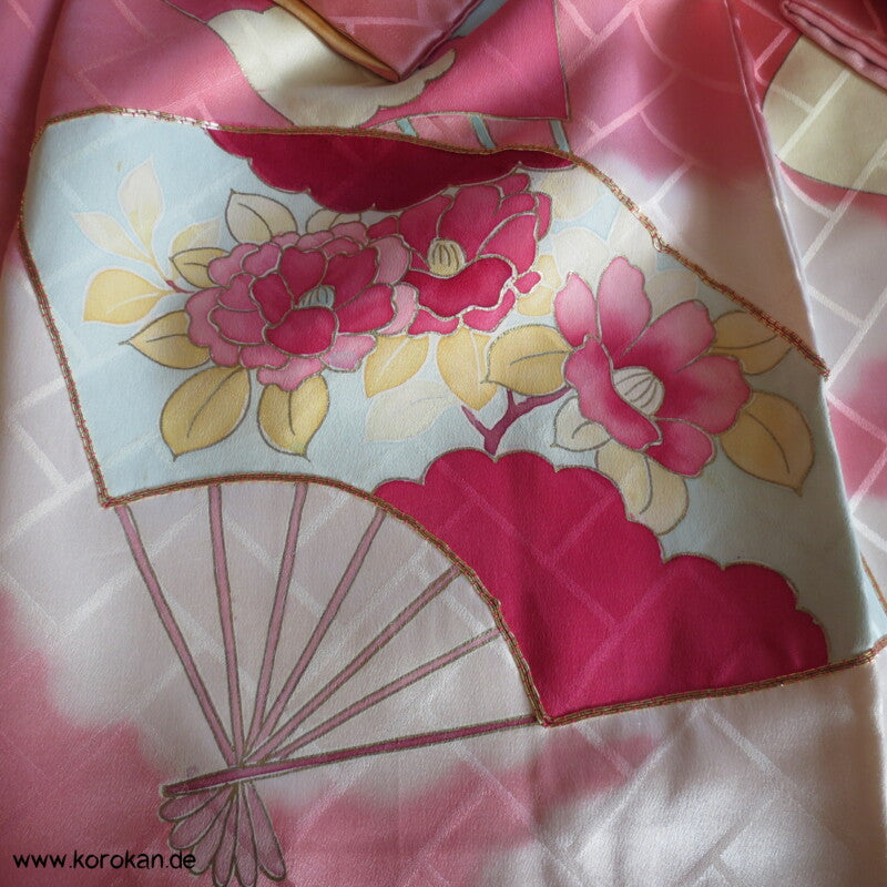 gemalte Fächer Higaki Seidendamast antiker Furisode, nur als Material