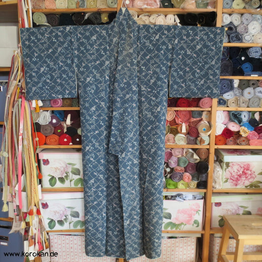 blaugrau, Vögelchen Komon Seiden Kimono - nur als Materiallager