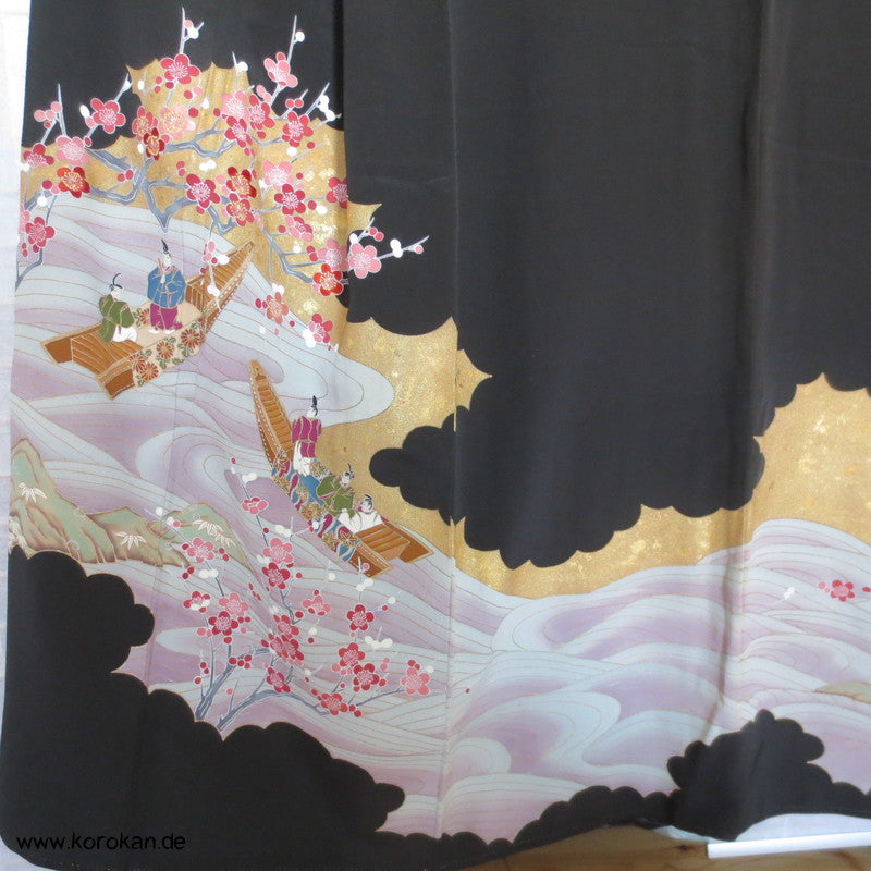 Bootsfahrt unter Kirschzweigen Tomesode Seiden Kimono