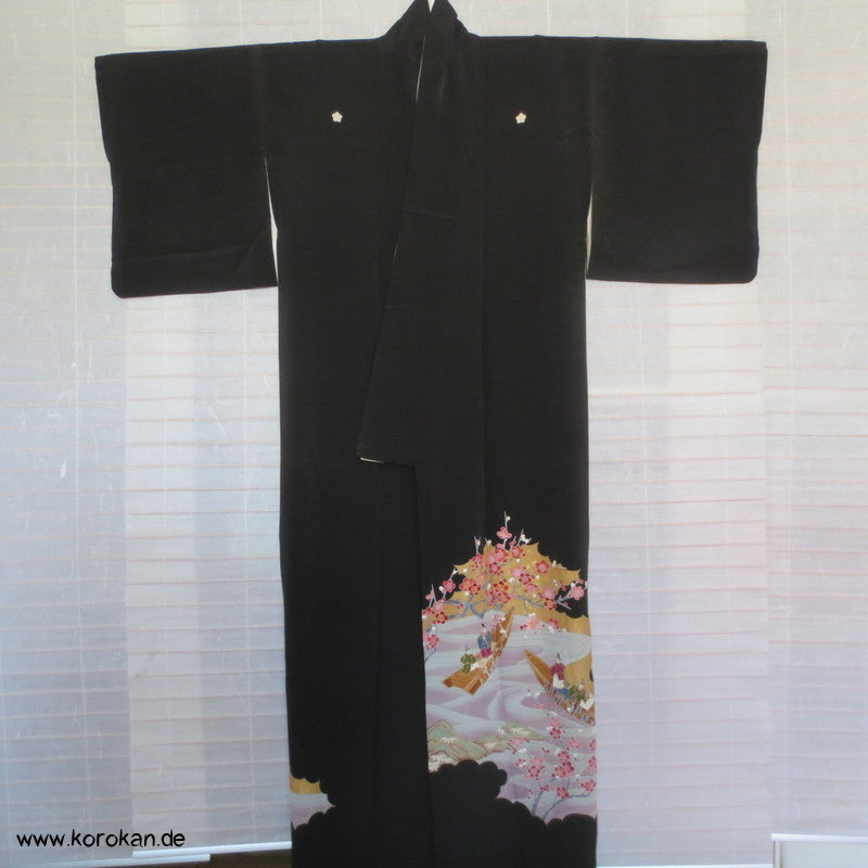 Bootsfahrt unter Kirschzweigen Tomesode Seiden Kimono