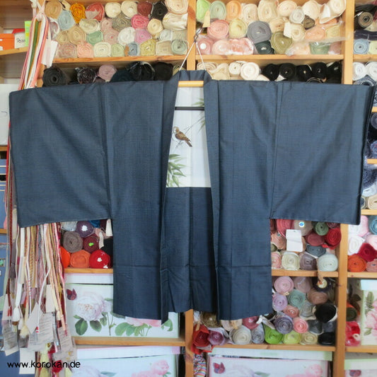 Spatz im Bambus, Gedicht im Futter, Haori Seiden Kasuri Tsumugi Männer Kimono Jacke