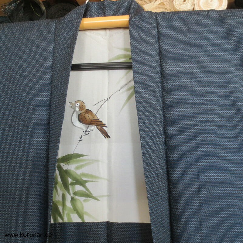 Spatz im Bambus, Gedicht im Futter, Haori Seiden Kasuri Tsumugi Männer Kimono Jacke