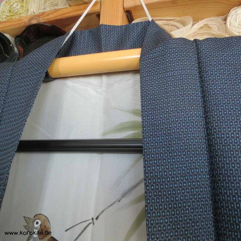 Spatz im Bambus, Gedicht im Futter, Haori Seiden Kasuri Tsumugi Männer Kimono Jacke