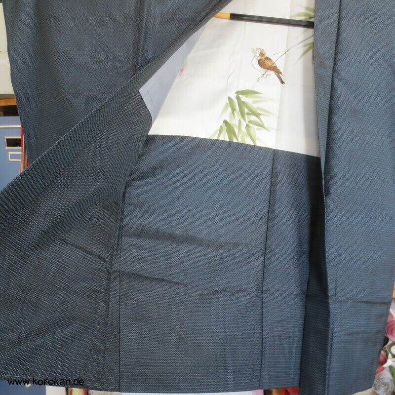 Spatz im Bambus, Gedicht im Futter, Haori Seiden Kasuri Tsumugi Männer Kimono Jacke