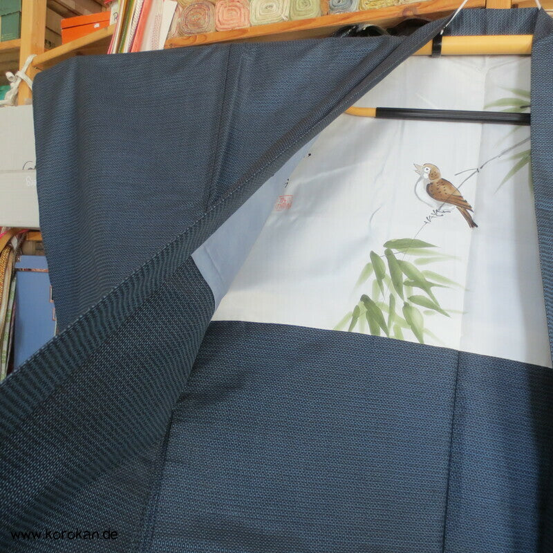 Spatz im Bambus, Gedicht im Futter, Haori Seiden Kasuri Tsumugi Männer Kimono Jacke