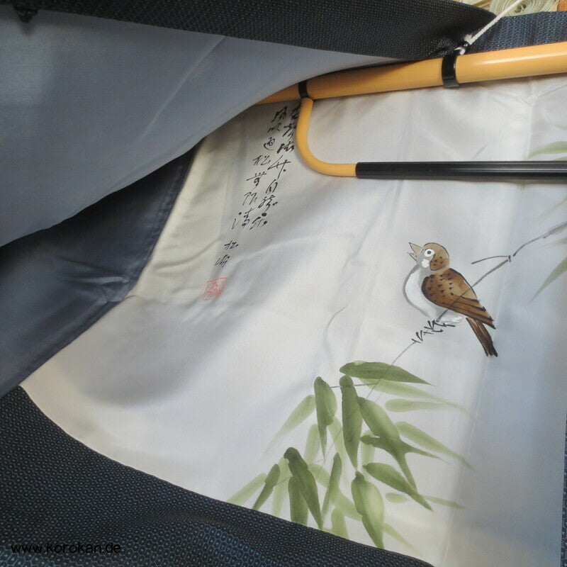 Spatz im Bambus, Gedicht im Futter, Haori Seiden Kasuri Tsumugi Männer Kimono Jacke