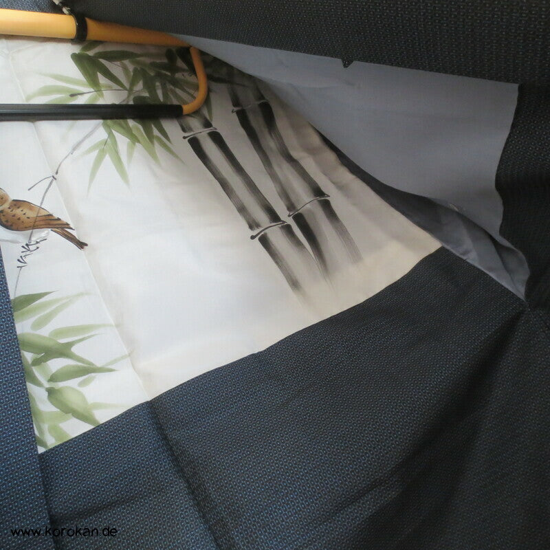 Spatz im Bambus, Gedicht im Futter, Haori Seiden Kasuri Tsumugi Männer Kimono Jacke