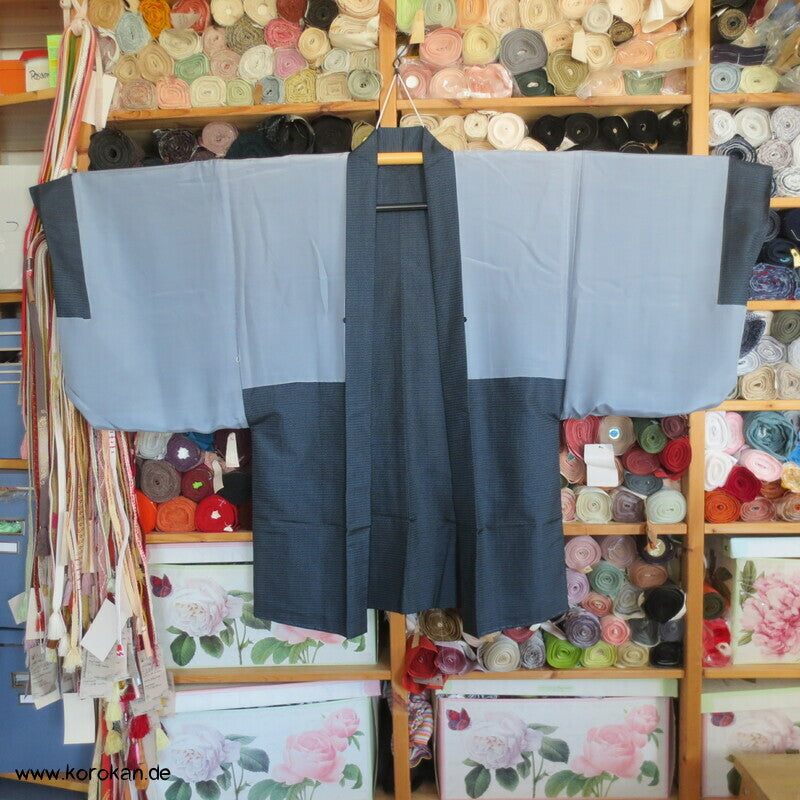 Spatz im Bambus, Gedicht im Futter, Haori Seiden Kasuri Tsumugi Männer Kimono Jacke