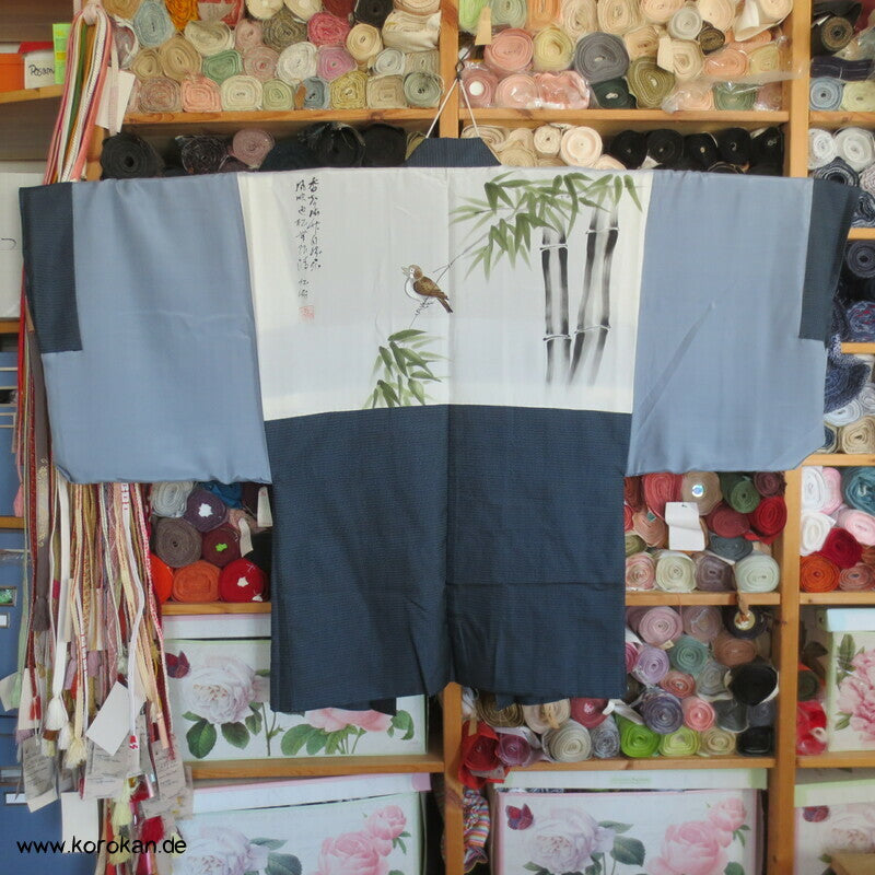 Spatz im Bambus, Gedicht im Futter, Haori Seiden Kasuri Tsumugi Männer Kimono Jacke