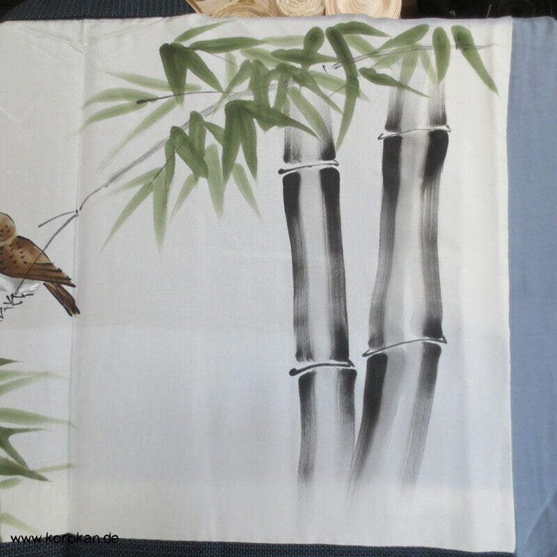Spatz im Bambus, Gedicht im Futter, Haori Seiden Kasuri Tsumugi Männer Kimono Jacke