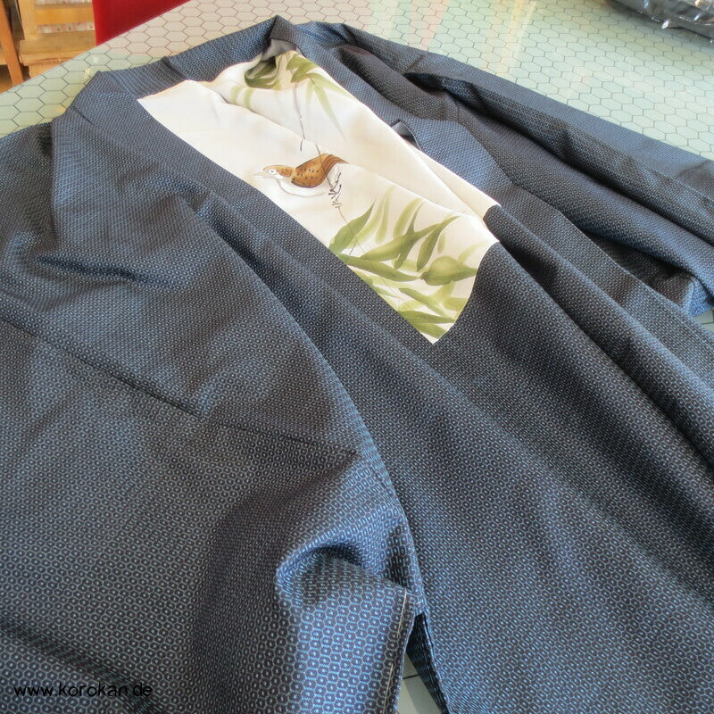 Spatz im Bambus, Gedicht im Futter, Haori Seiden Kasuri Tsumugi Männer Kimono Jacke