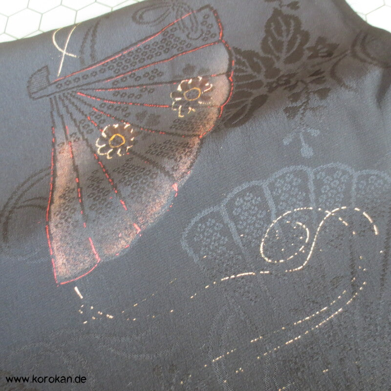schwarzer Fächer Rinzu Damast Seide Araihari Kimono