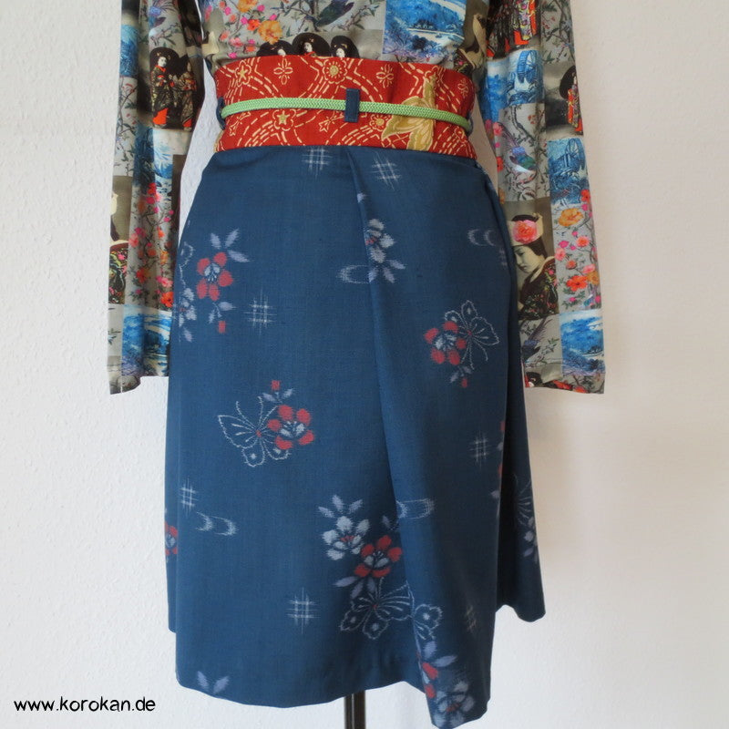 Schmetterlinge Kasuri Wollstoff Wickelrock mit Obi Bund, Obijime