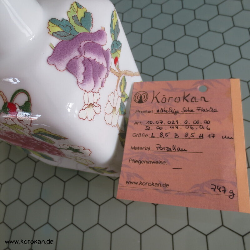 rechteckige Porzellan Sake Flasche mit Deckel, Päoniendekor