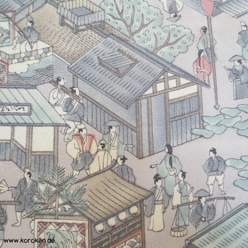 Wimmelbild einer japanisches Stadt Komon Seidencrepesatin Kimono