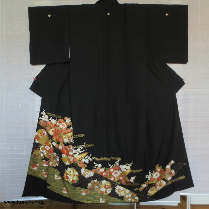 Mandarinenten und Chrysanthemen Tomesode Seiden Kimono