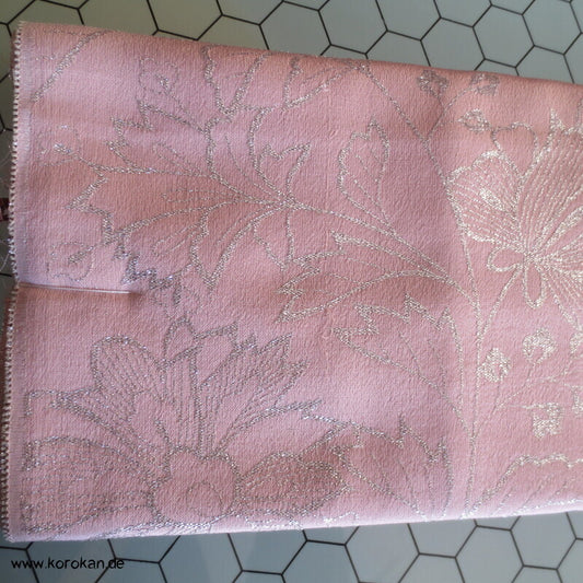 Lurex - Urushi Seidenbrokat Kimono Araihari, Silber Blumen auf rosa