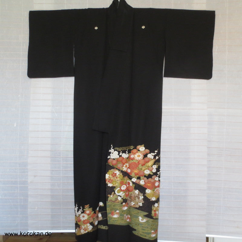Mandarinenten und Chrysanthemen Tomesode Seiden Kimono