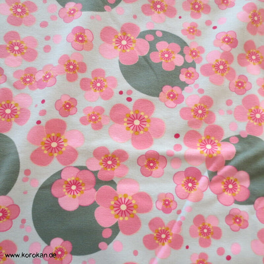 Baumwolljersey Sakura und Punkte graugrün