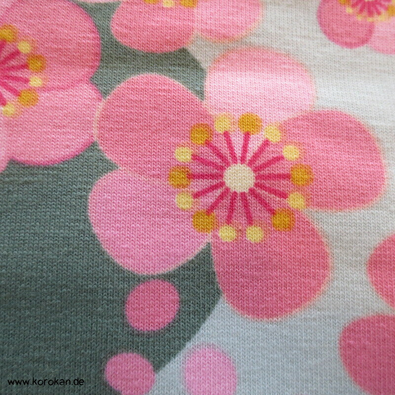 Baumwolljersey Sakura und Punkte graugrün