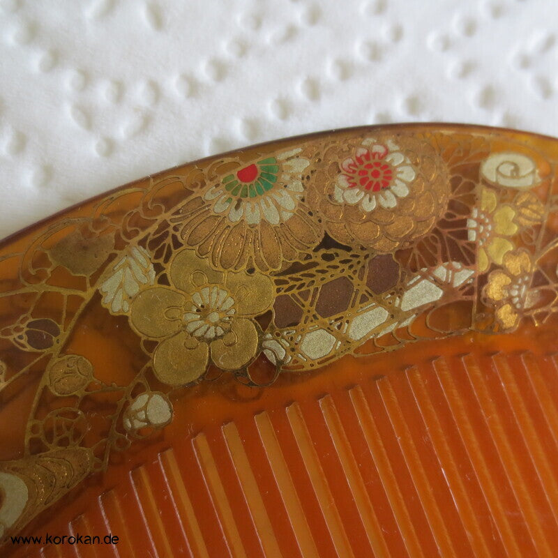 antike japanischer Kushi Haarkamm, Kinmakie, Goldauflage Chrysanthemen
