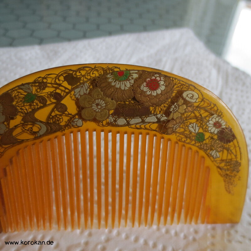 antike japanischer Kushi Haarkamm, Kinmakie, Goldauflage Chrysanthemen