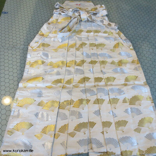 gold und silber Fächer Seidenbrokat Hakama - Umanori Hosen-Typ für Kimono