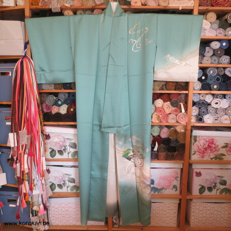Tsukesage Kimono Seide handgemalte Fächer auf meergrün