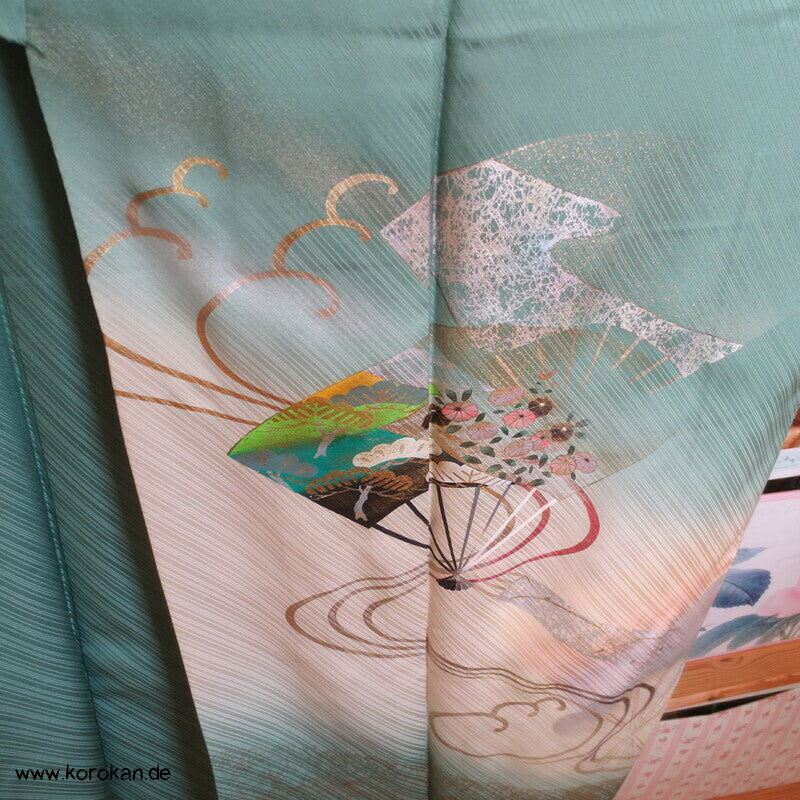Tsukesage Kimono Seide handgemalte Fächer auf meergrün