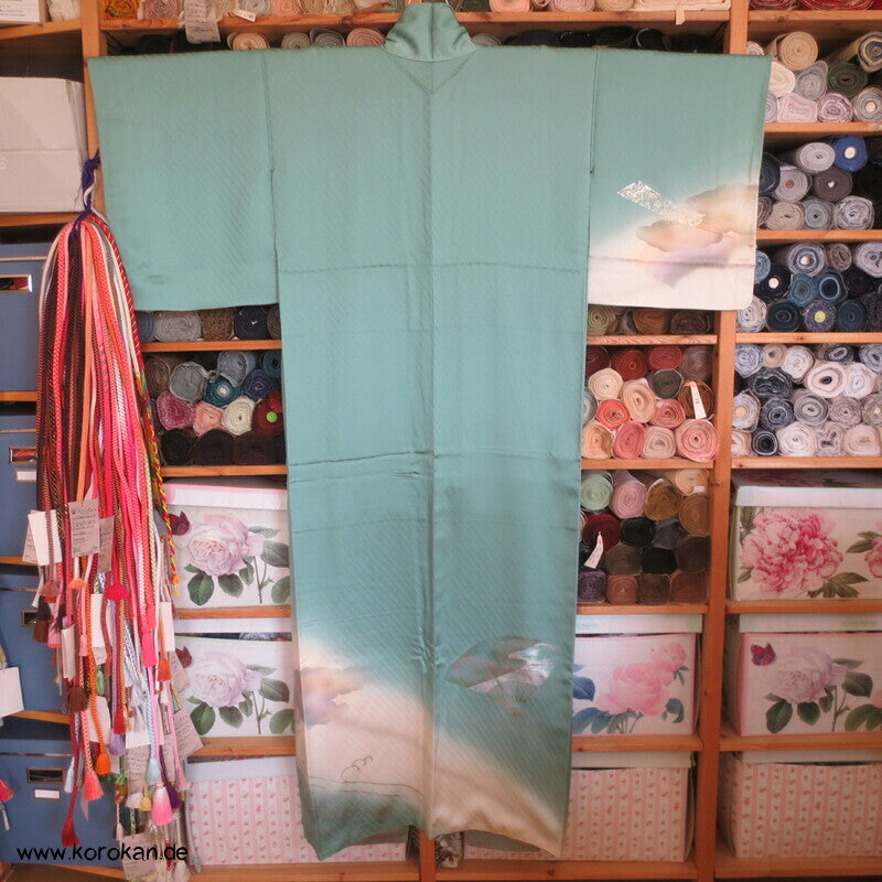 Tsukesage Kimono Seide handgemalte Fächer auf meergrün