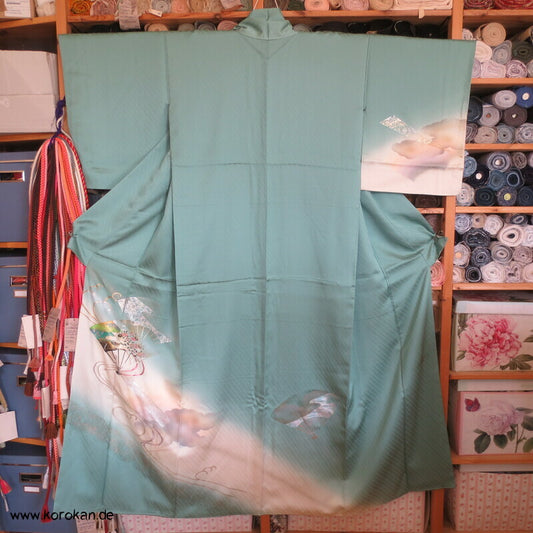 Tsukesage Kimono Seide handgemalte Fächer auf meergrün