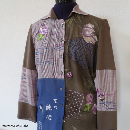 Blüten, Kanji, Stickerei, Seide, Viscose, Baumwolljersey Zero Waste langarm Bluse