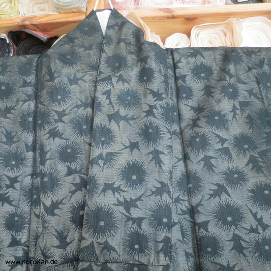 Hitoe ungefütterter 1950'er Kimono, gewebte Disteln