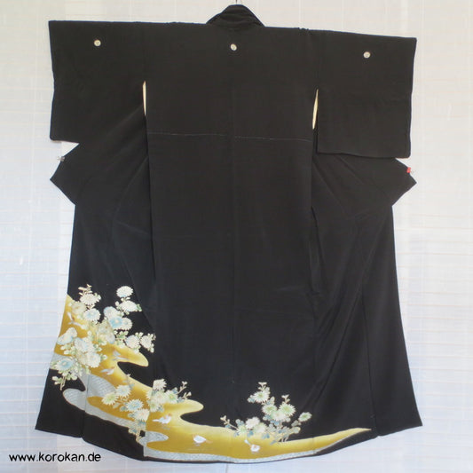 gestickte Vögel / Spatzen? Tomesode Seiden Kimono - antik