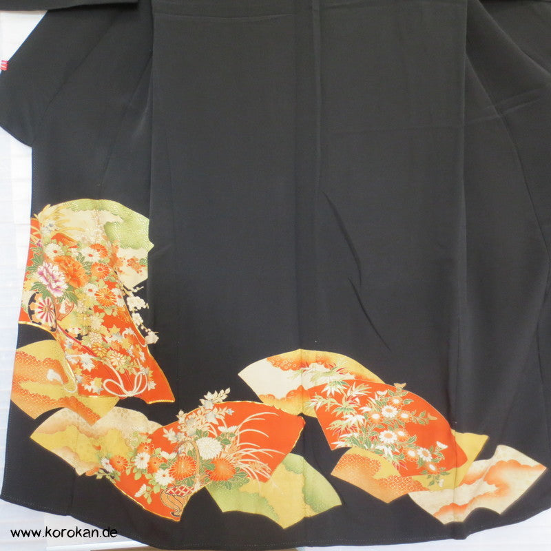 Blumen, Fächern, Goldstickerei Tomesode Seiden Kimono