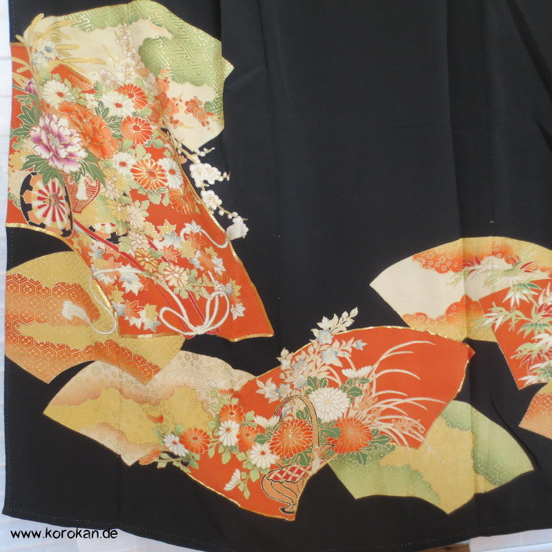 Blumen, Fächern, Goldstickerei Tomesode Seiden Kimono