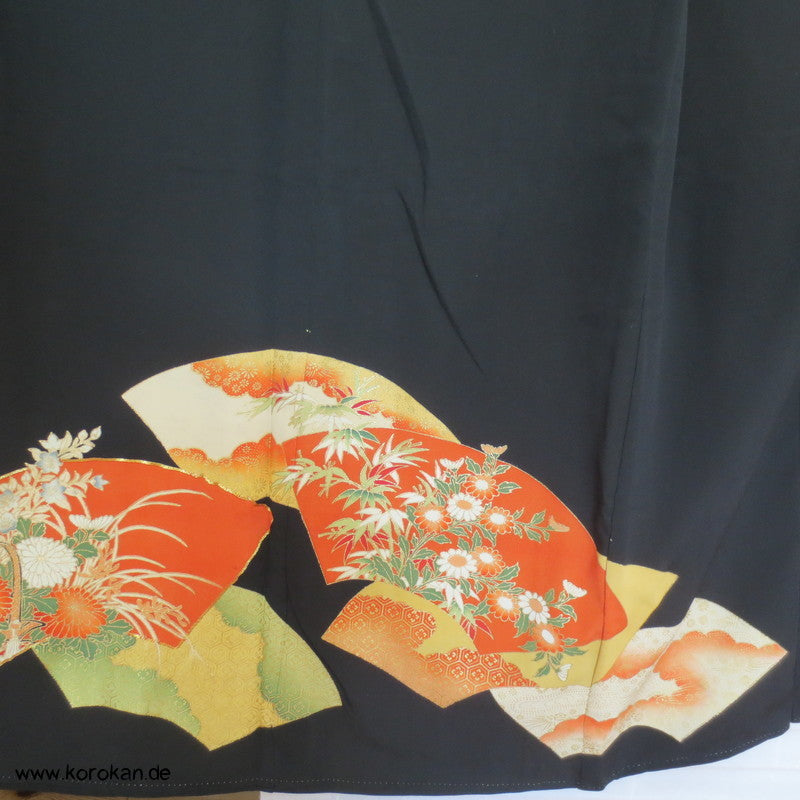 Blumen, Fächern, Goldstickerei Tomesode Seiden Kimono
