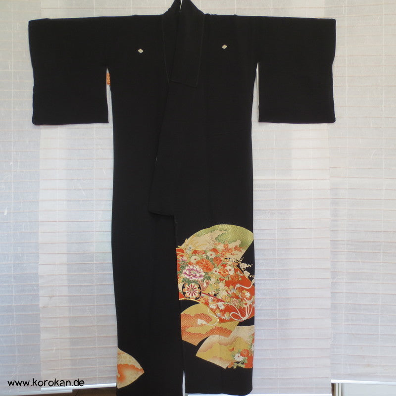 Blumen, Fächern, Goldstickerei Tomesode Seiden Kimono