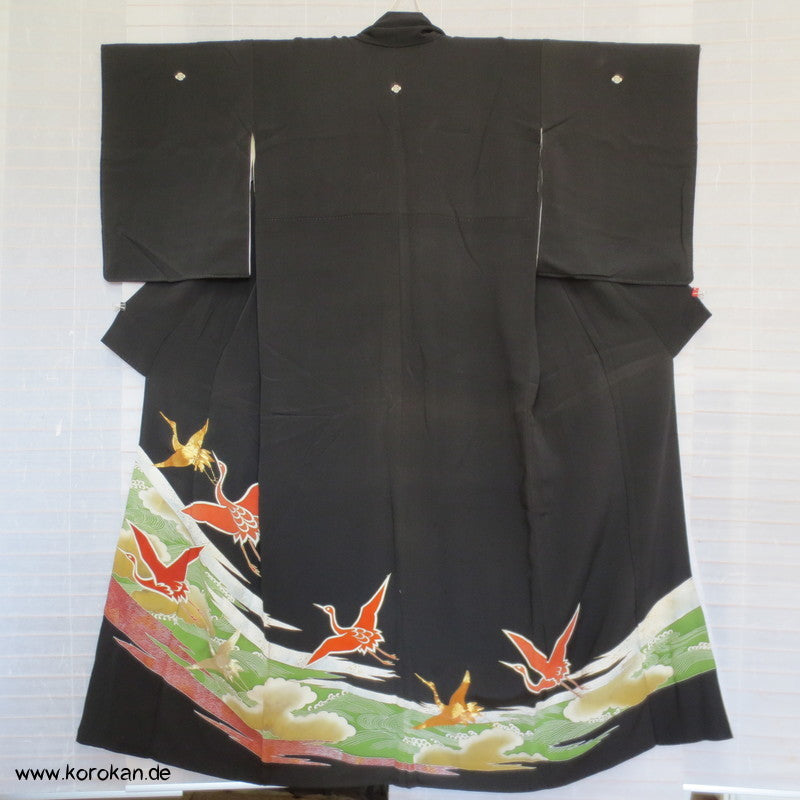 Kraniche, bestickt in Gold und Silber Tomesode Seiden Kimono