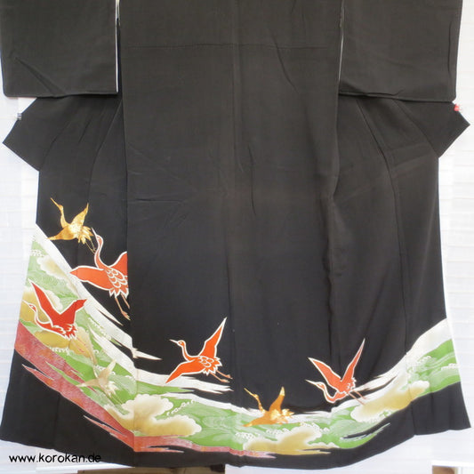 Kraniche, bestickt in Gold und Silber Tomesode Seiden Kimono