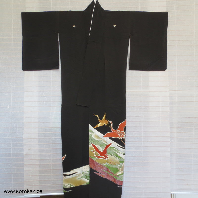 Kraniche, bestickt in Gold und Silber Tomesode Seiden Kimono