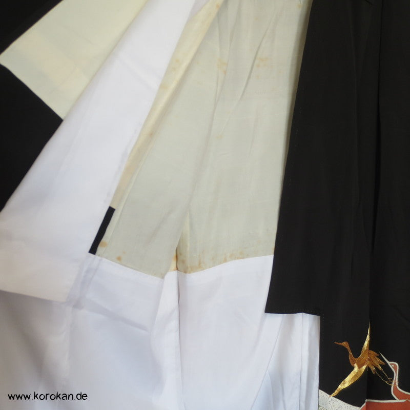 Kraniche, bestickt in Gold und Silber Tomesode Seiden Kimono