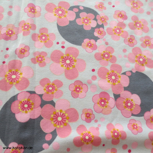 Baumwolljersey Sakura und Punkte grau - blassblau