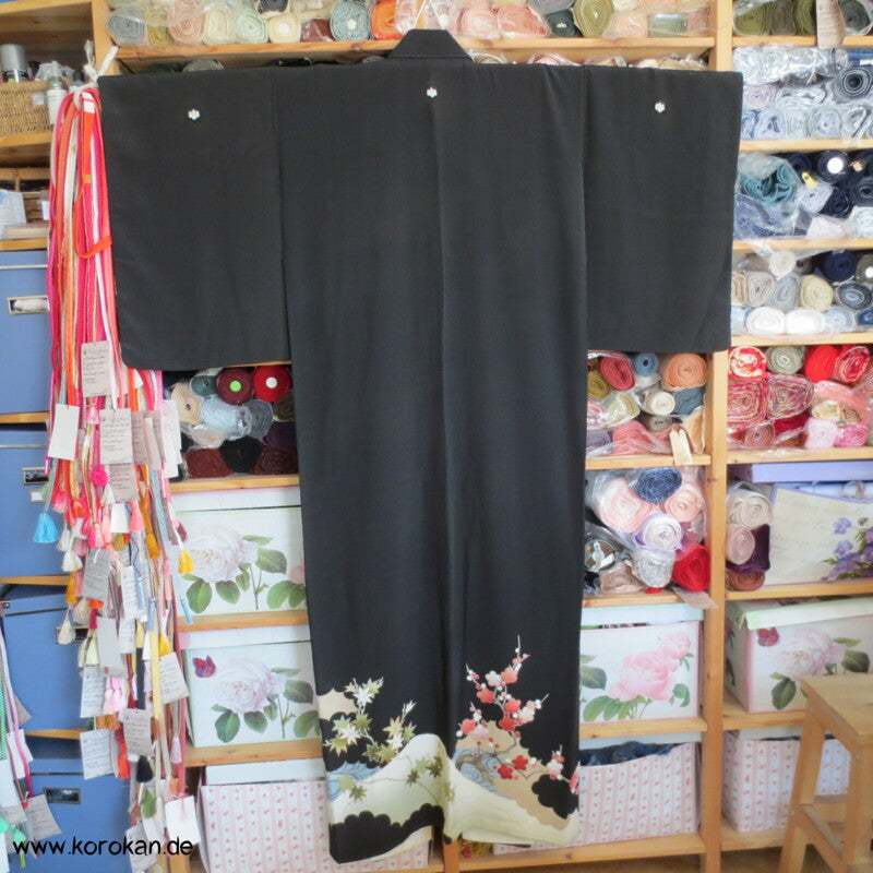 Sakura Zweige, grüner Ahorn Tomesode Seiden Kimono