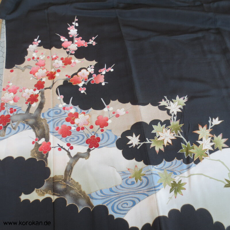 Sakura Zweige, grüner Ahorn Tomesode Seiden Kimono