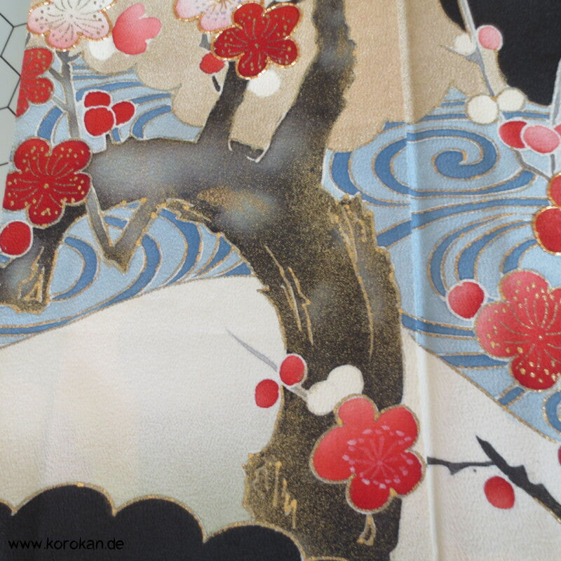 Sakura Zweige, grüner Ahorn Tomesode Seiden Kimono