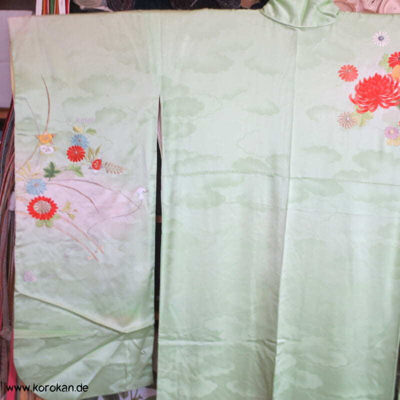 Blumenwagenstickereien Furisode Seiden Kimono