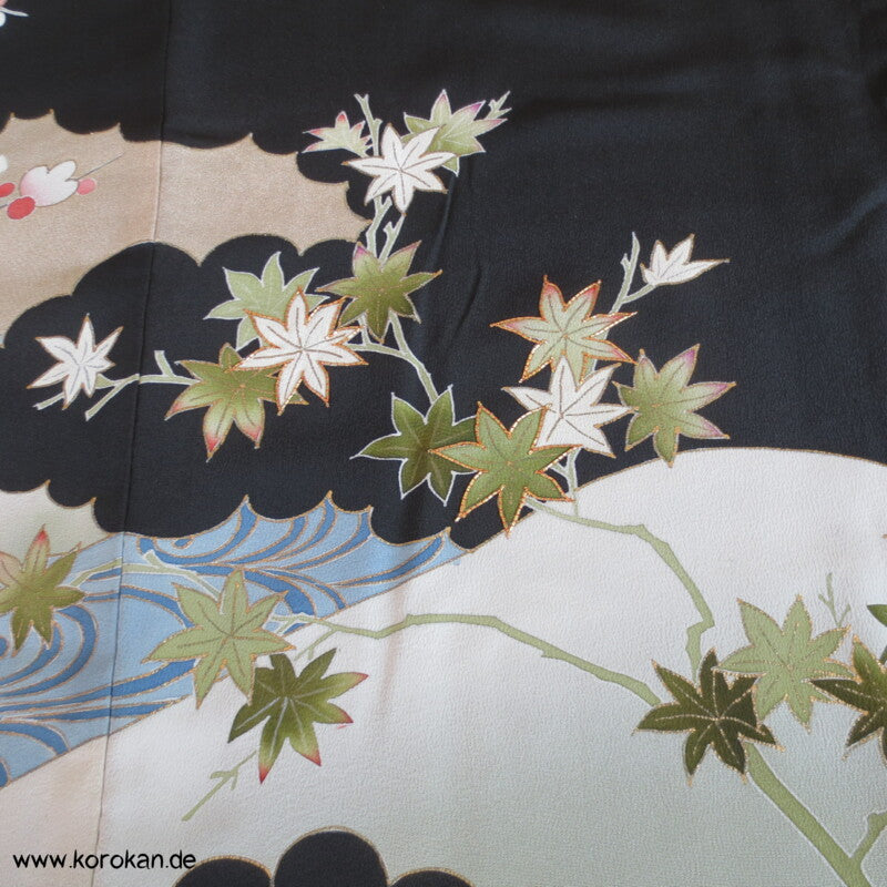 Sakura Zweige, grüner Ahorn Tomesode Seiden Kimono